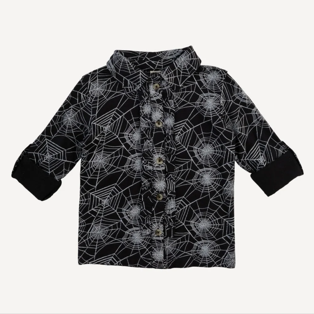 NWT 4T Kate Quinn 🕸️ long sleeve rolled tuxedo shirt spiderweb bamboo spooky